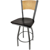 plain wood back barstool with clear coat swivel frame