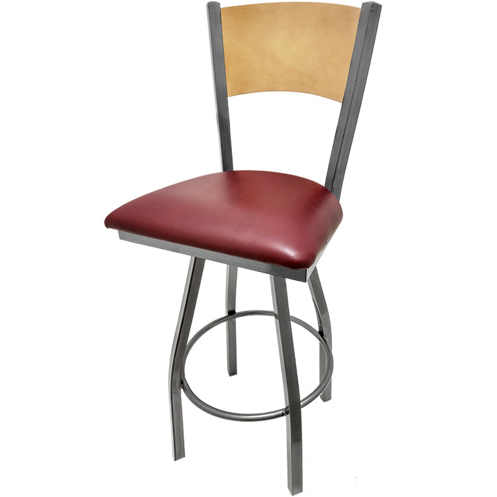 plain wood back barstool with clear coat swivel frame