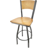 plain wood back barstool with clear coat swivel frame