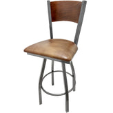 plain wood back barstool with clear coat swivel frame