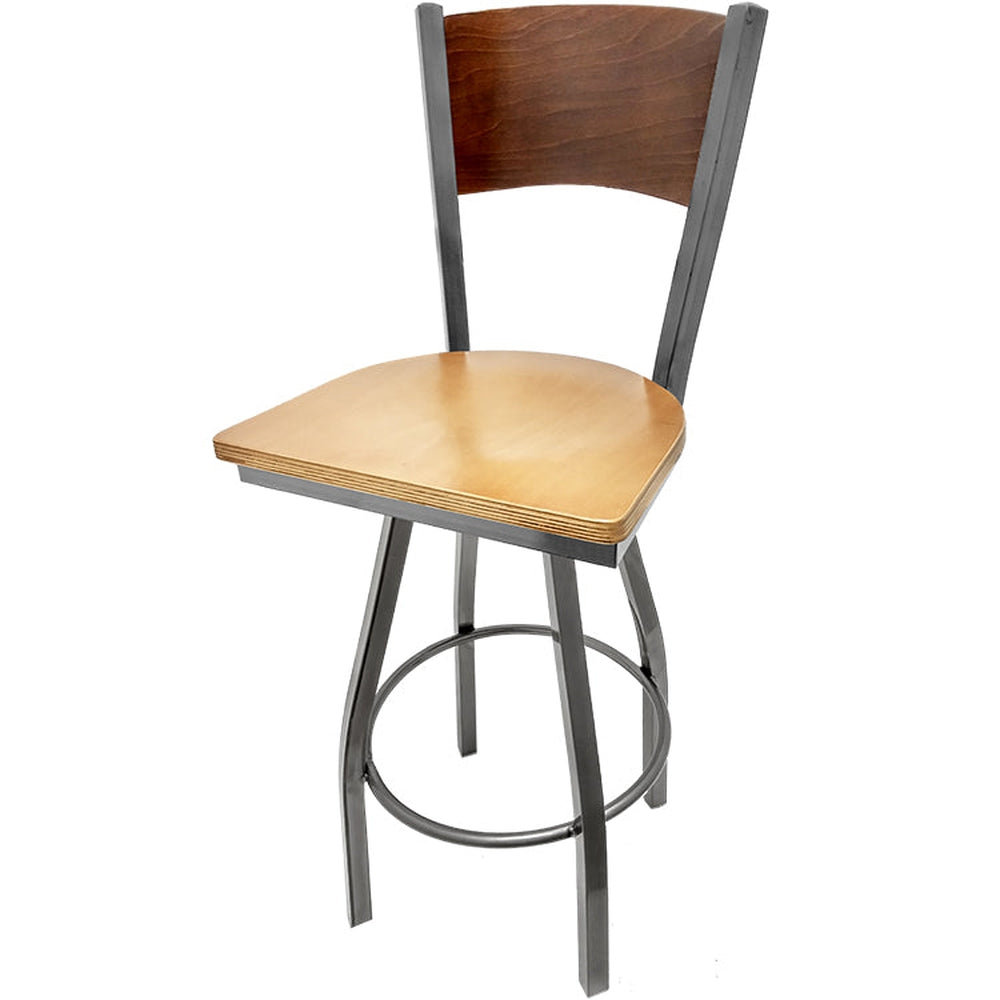 plain wood back barstool with clear coat swivel frame