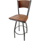 plain wood back barstool with clear coat swivel frame