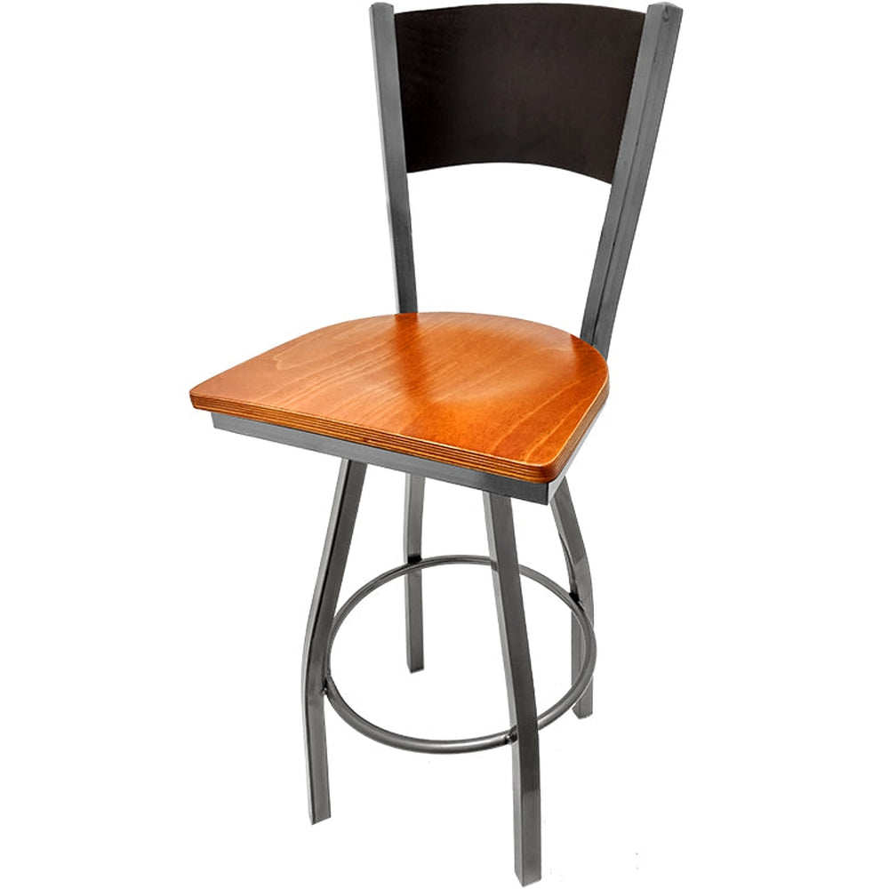 plain wood back barstool with clear coat swivel frame