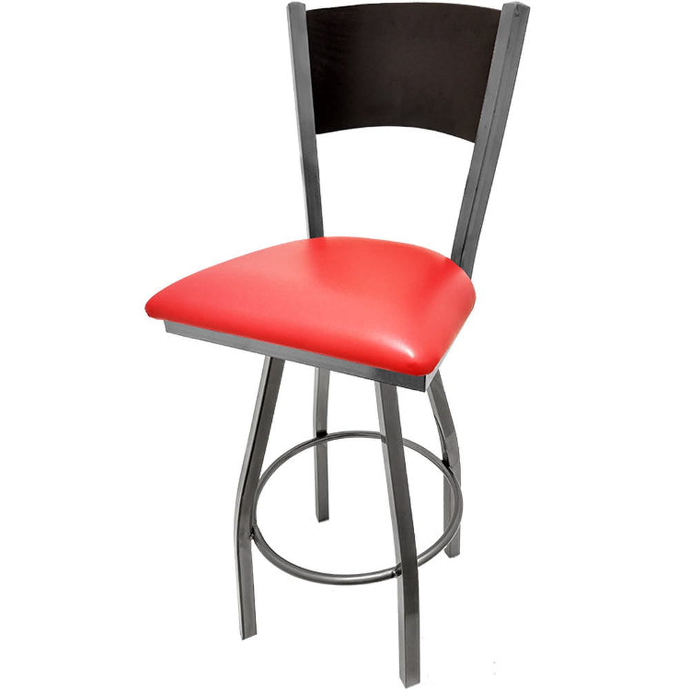 plain wood back barstool with clear coat swivel frame