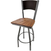 plain wood back barstool with clear coat swivel frame