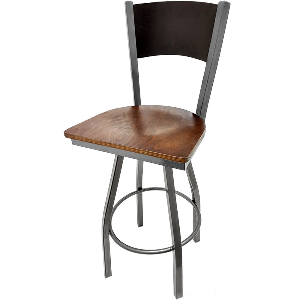 plain wood back barstool with clear coat swivel frame