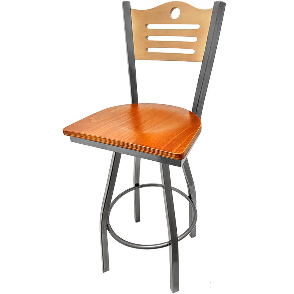 shoreline wood back barstool with clear coat swivel frame