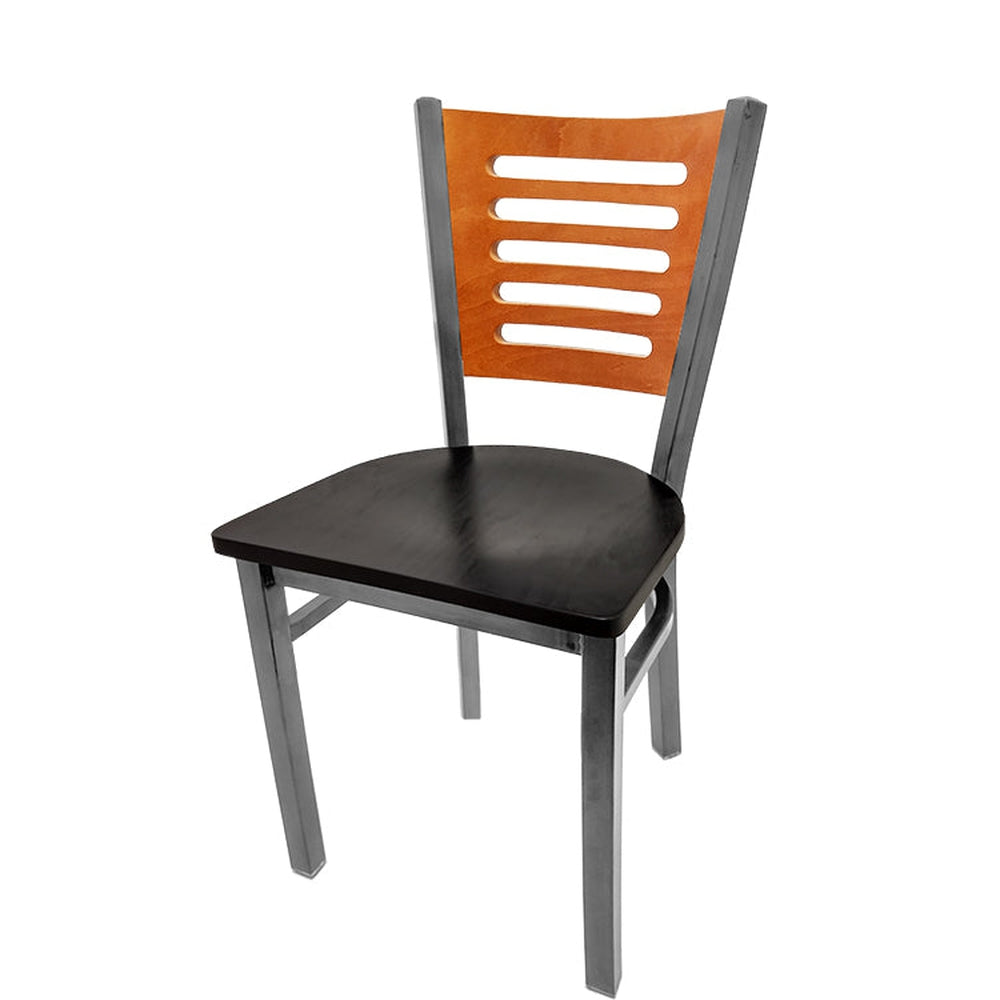 5 line wood back chair with clear coat frame