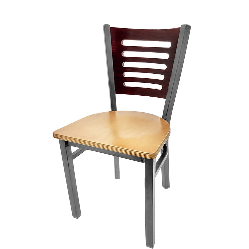 5 line wood back chair with clear coat frame