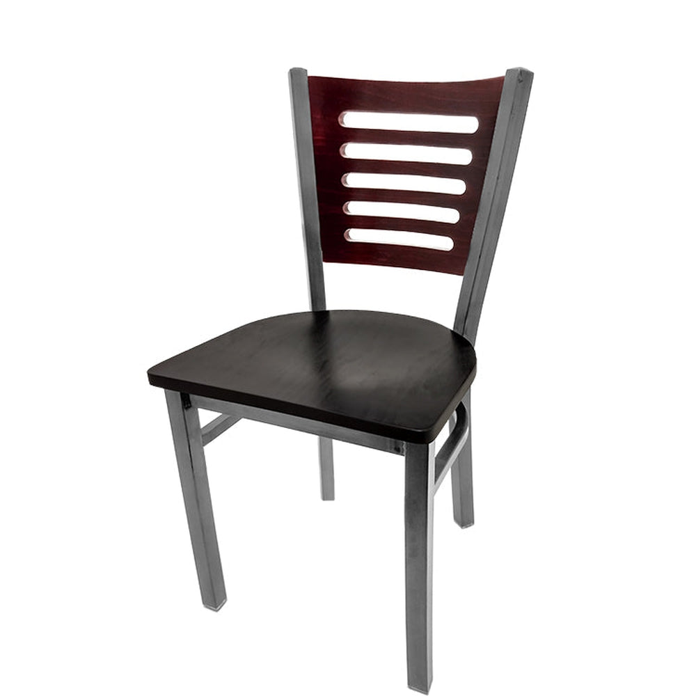 5 line wood back chair with clear coat frame