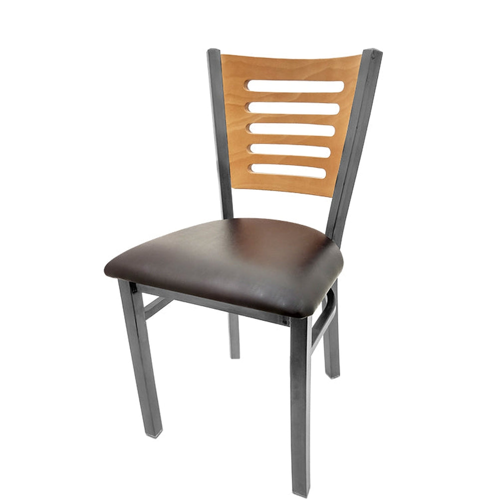 5 line wood back chair with clear coat frame