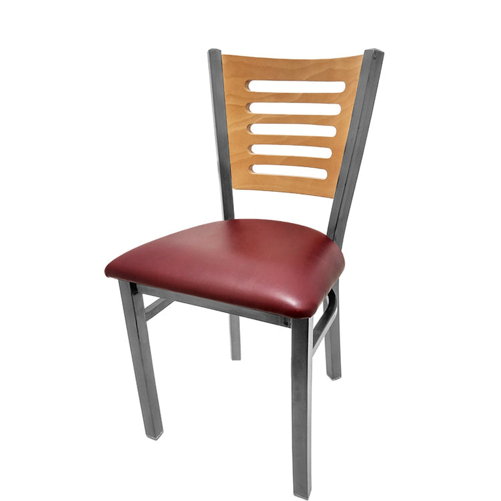 5 line wood back chair with clear coat frame