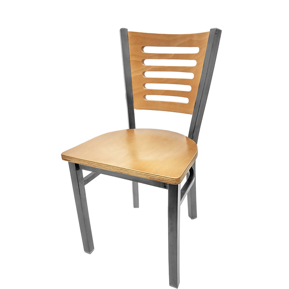 5 line wood back chair with clear coat frame