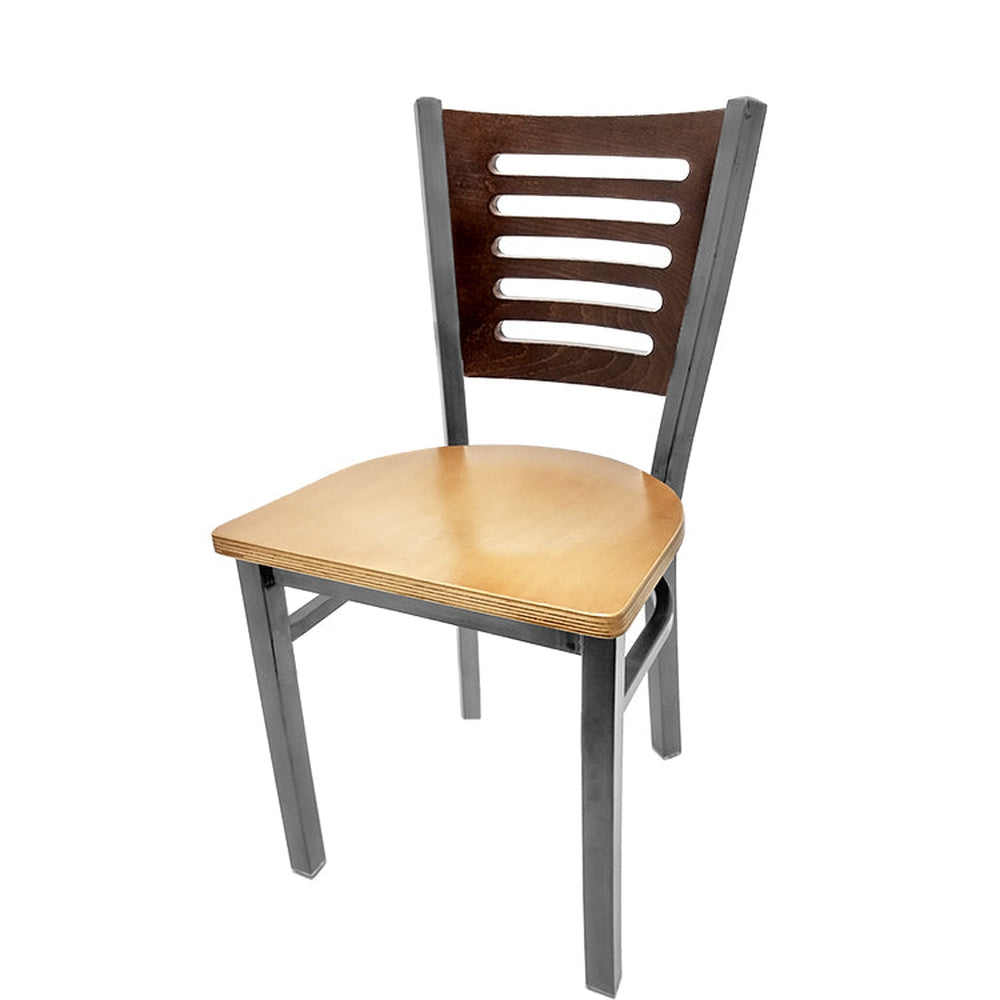 5 line wood back chair with clear coat frame