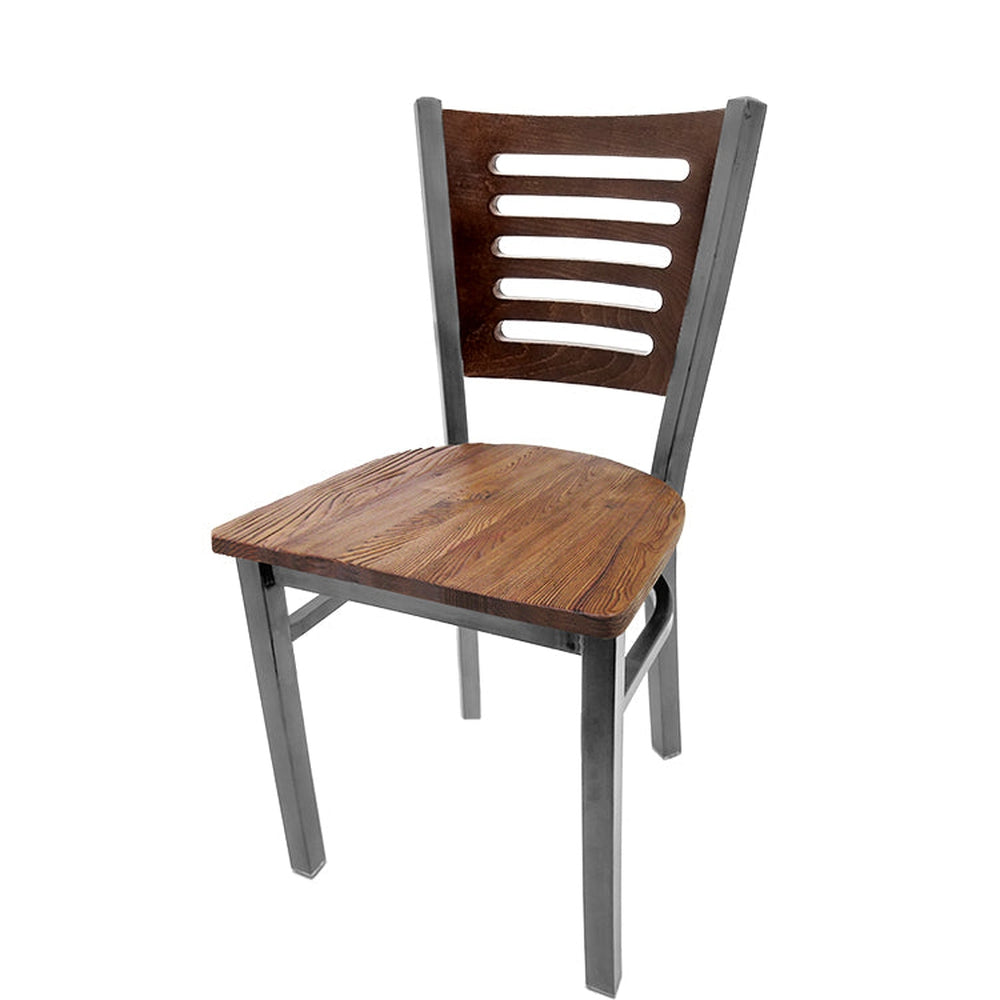 5 line wood back chair with clear coat frame