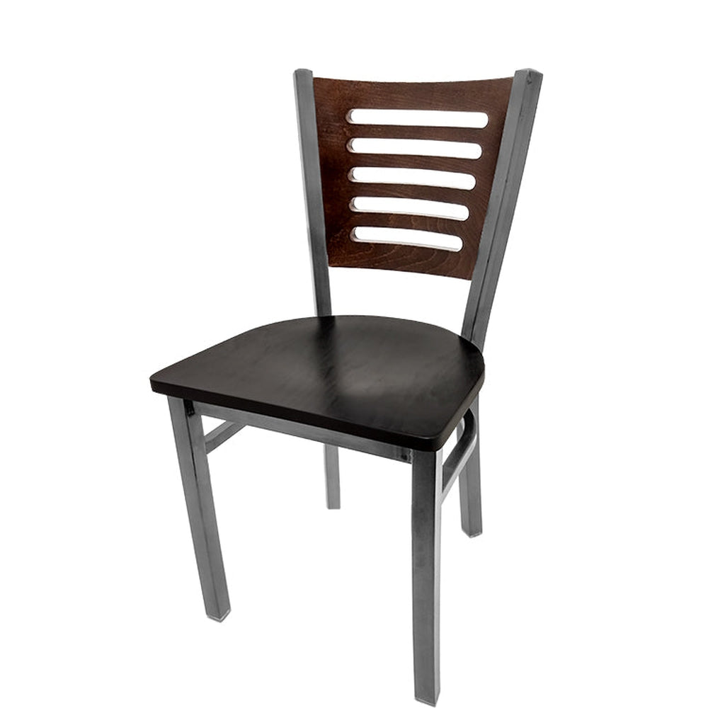 5 line wood back chair with clear coat frame