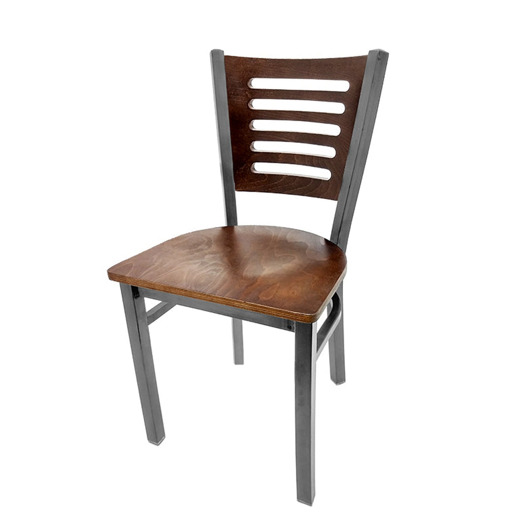 5 line wood back chair with clear coat frame