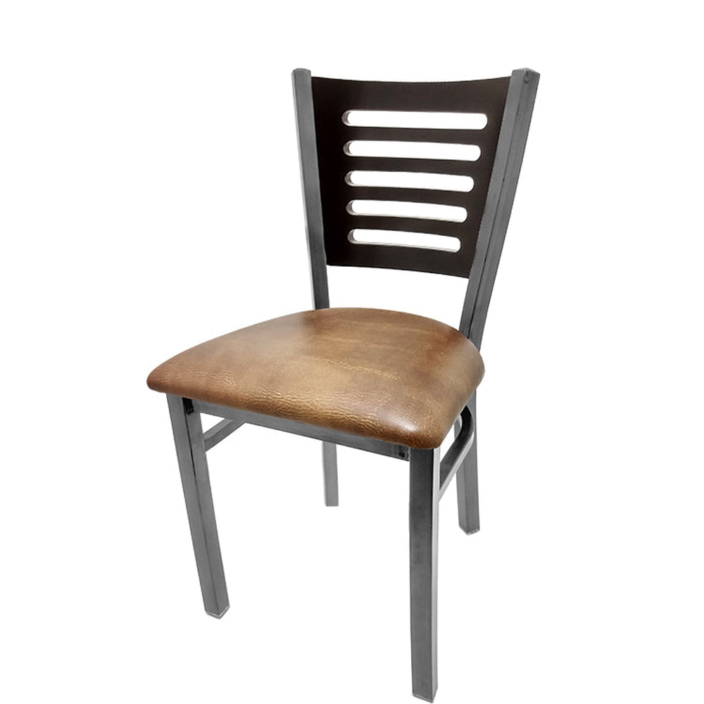 5 line wood back chair with clear coat frame