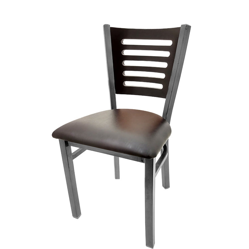 5 line wood back chair with clear coat frame