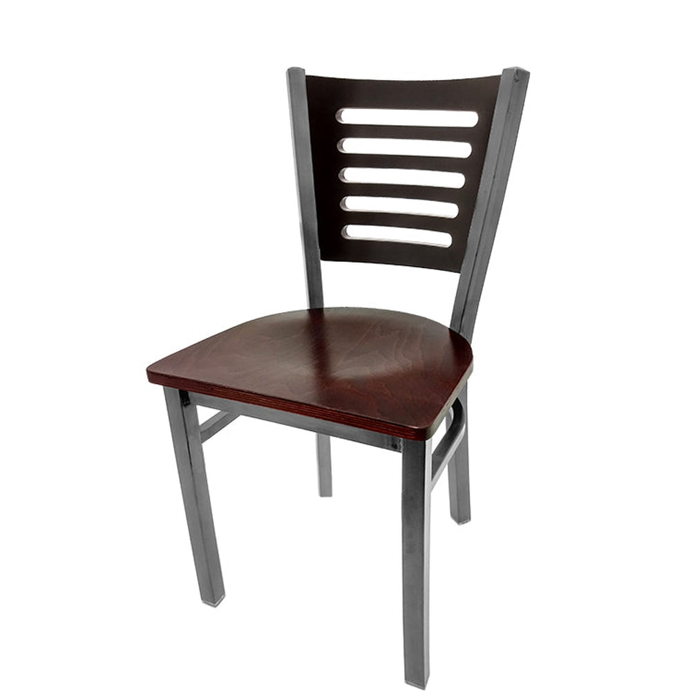 5 line wood back chair with clear coat frame