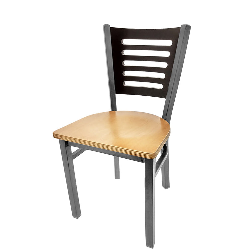 5 line wood back chair with clear coat frame