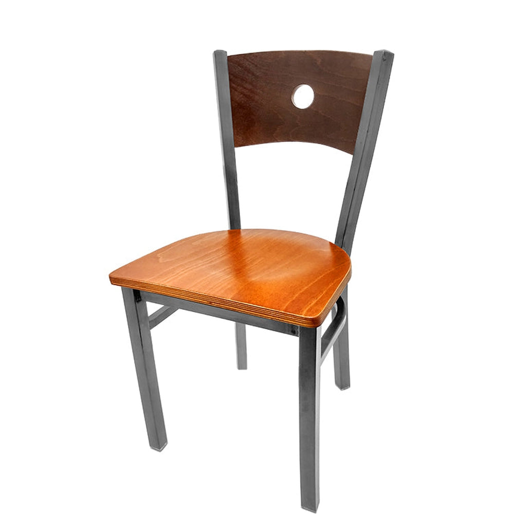 bullseye wood back chair with clear coat frame