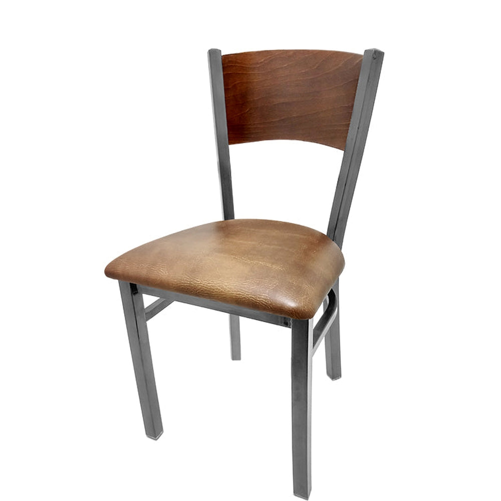 plain wood back chair with clear coat frame