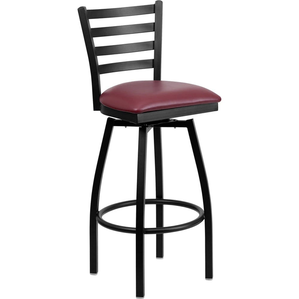 black ladder back swivel metal barstool burgundy vinyl seat