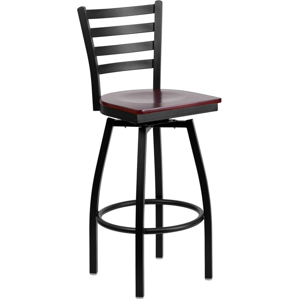 black ladder back swivel metal barstool burgundy vinyl seat