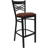 black x back metal restaurant barstool burgundy vinyl seat