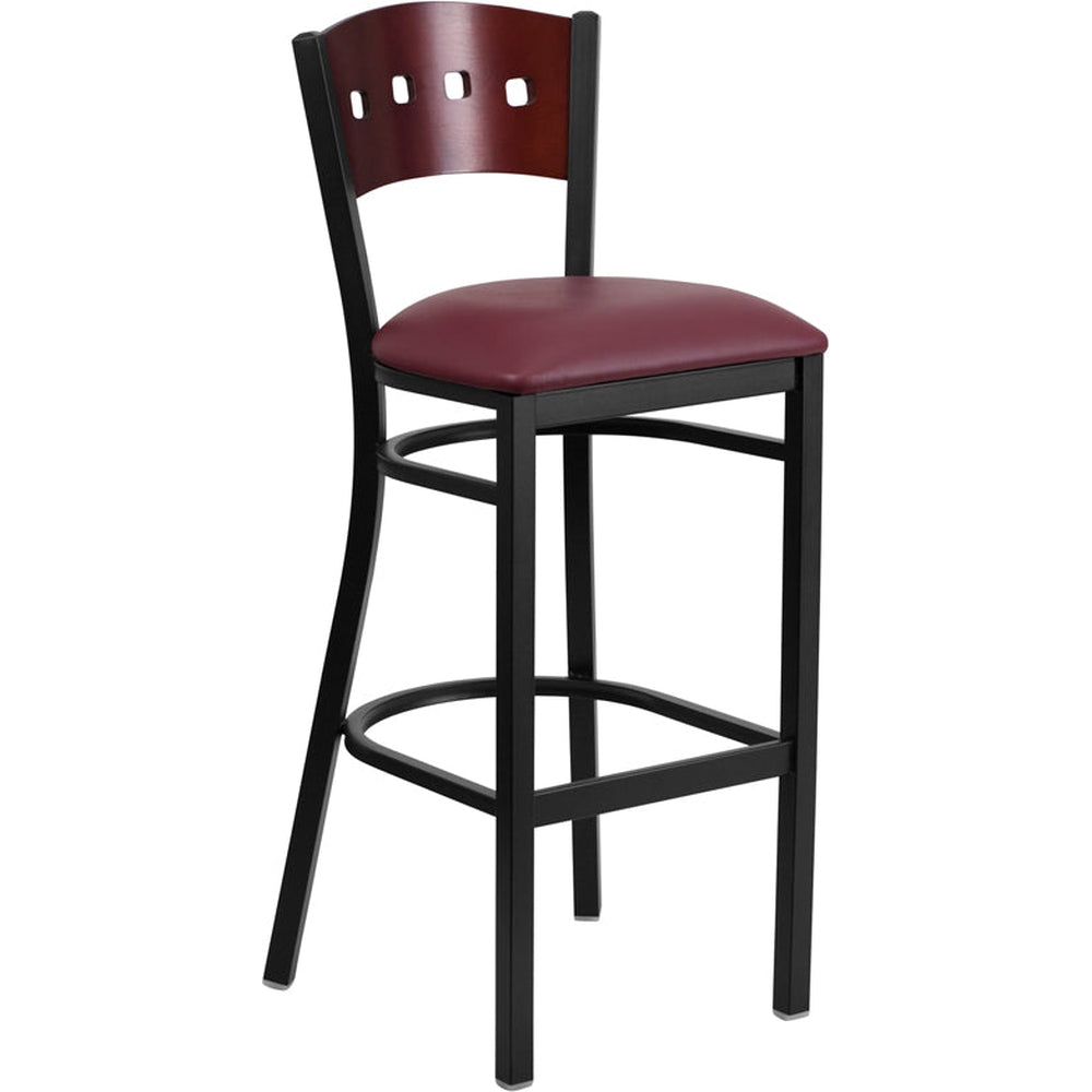 hercules series black 4 square back metal restaurant barstool mahogany wood back