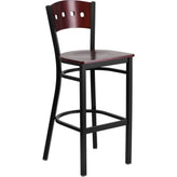 hercules series black 4 square back metal restaurant barstool mahogany wood back