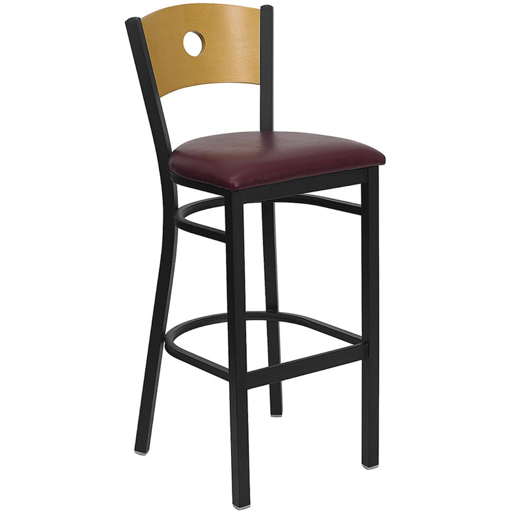 hercules series black circle back metal restaurant barstool natural wood back