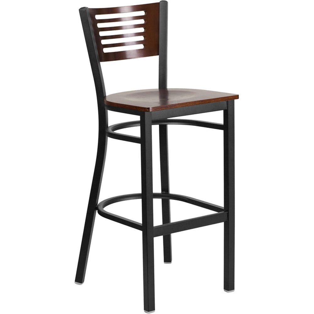 hercules series black slat back metal restaurant barstool