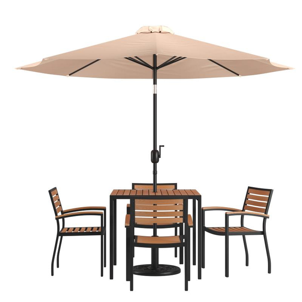 Lark 7 Piece Outdoor 35" Patio Table Set with Umbrella and 4 Synthetic Teak Stackable Chairs