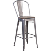 30 inch high clear coated barstool with back and wood seat