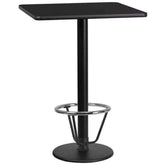 24 inch x 30 inch rectangular laminate table top with 18 inch round bar height table base and ft ring