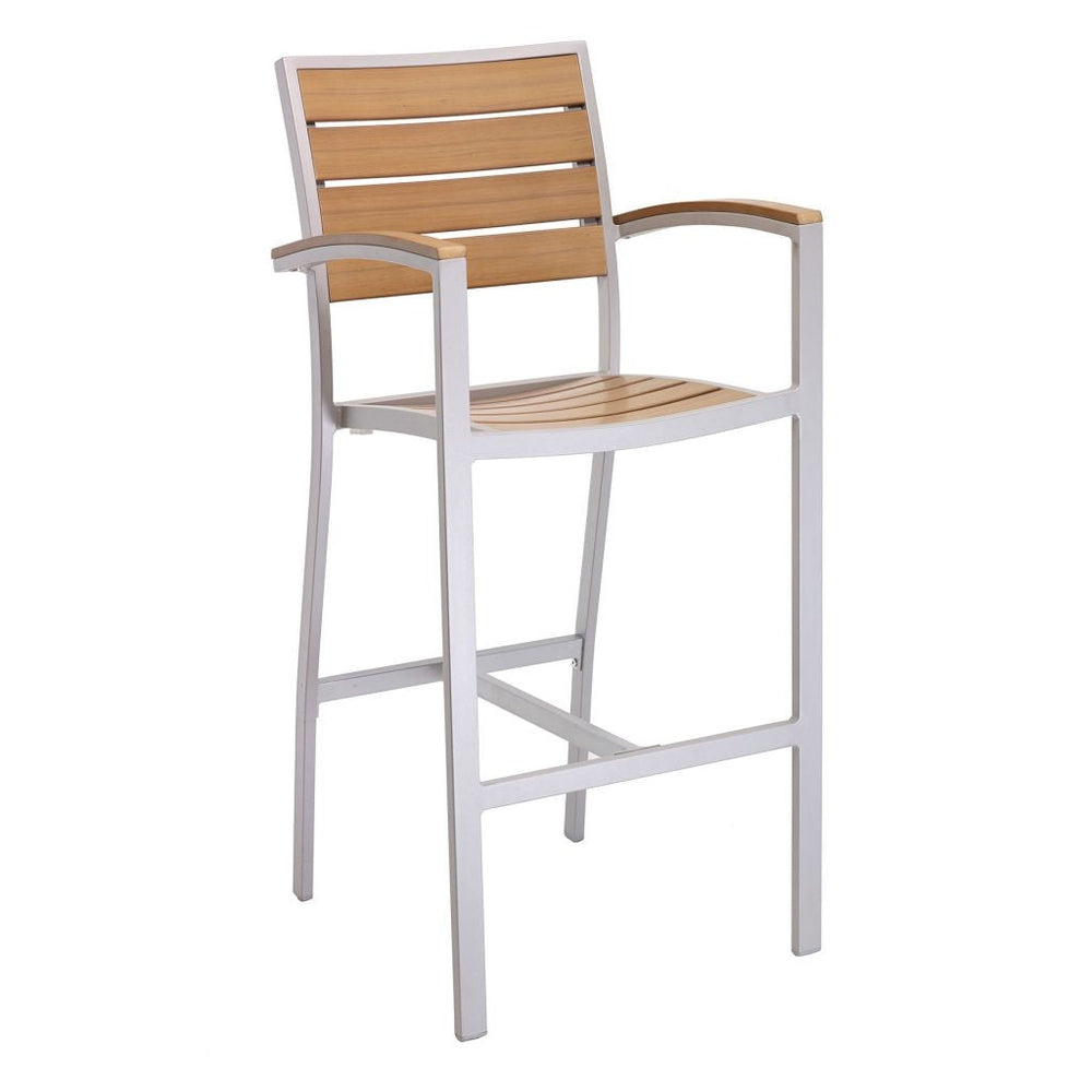 fs aluminum frame barstool with arm faux teak back silver