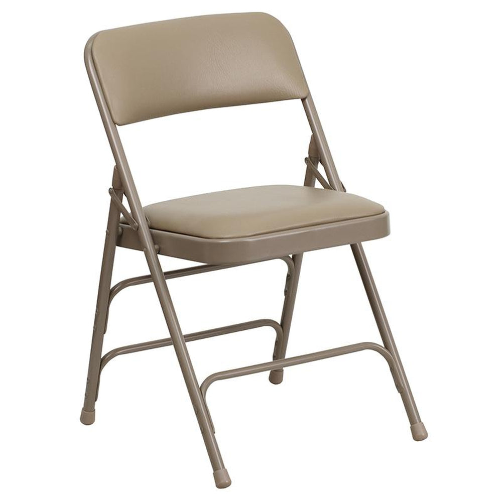 hercules series curved triple braced and double hinged beige fabric metal folding chair