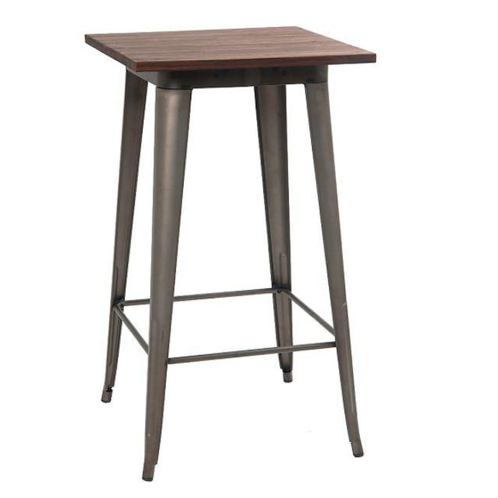 24 x 24 indoor bar height steel table with elm wood top gunmetal