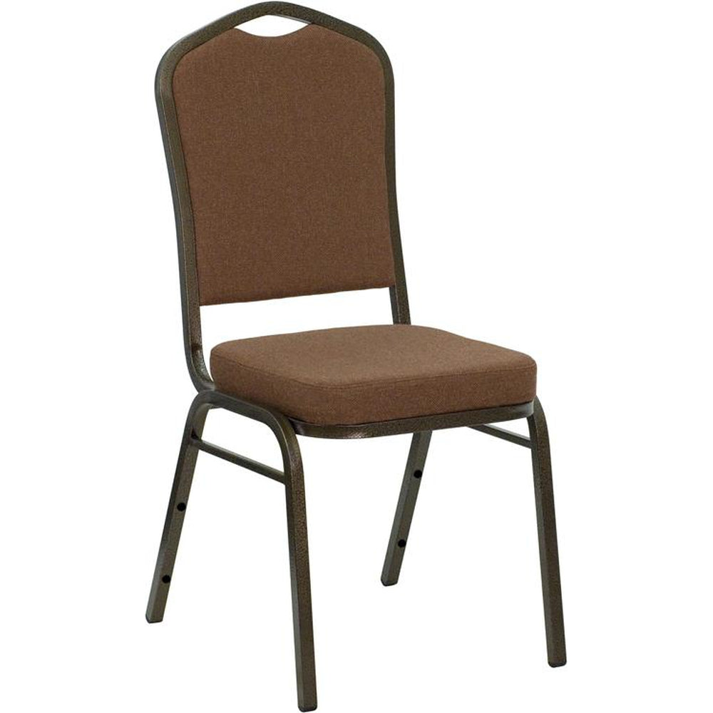 hercules series crown back stacking banquet chair in brown patterned fabric gold vein frame