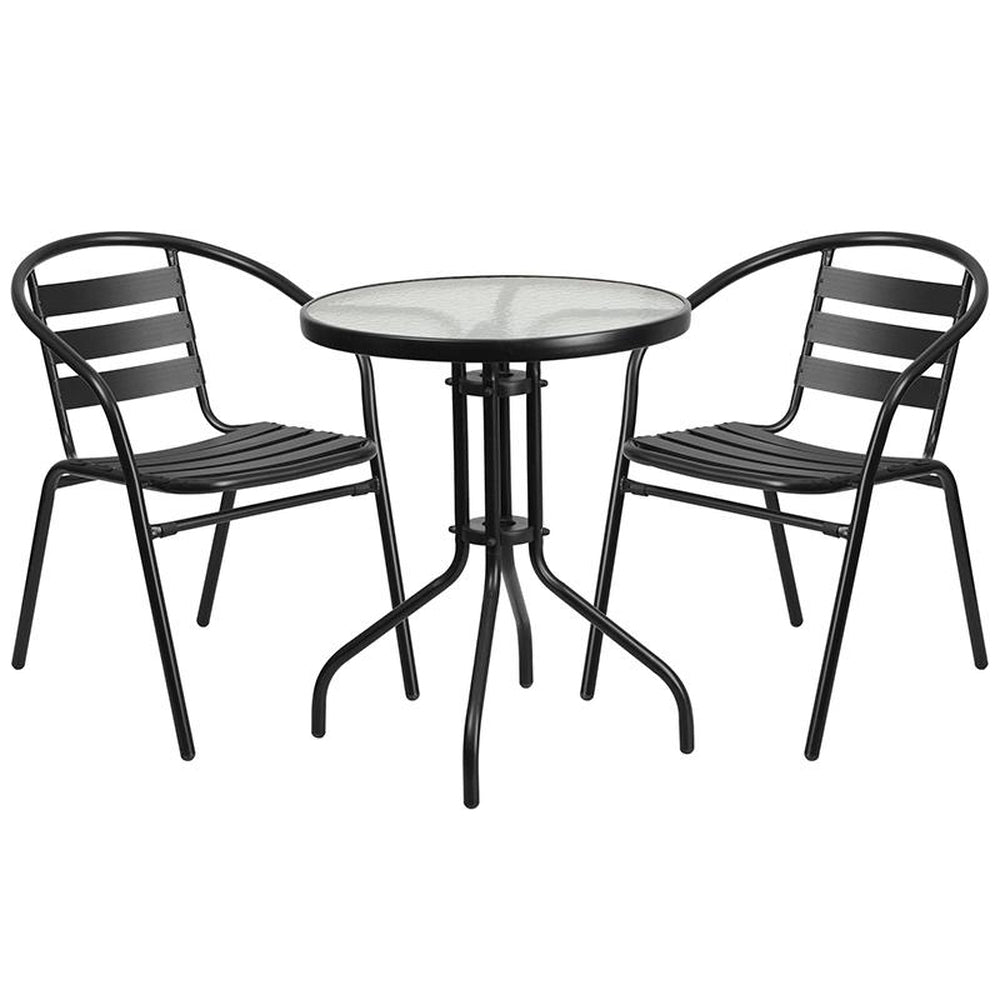 23 75 inch round glass metal table with 2 black metal aluminum slat stack chairs