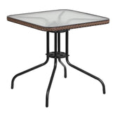 28 inch square tempered glass metal table with rattan edging