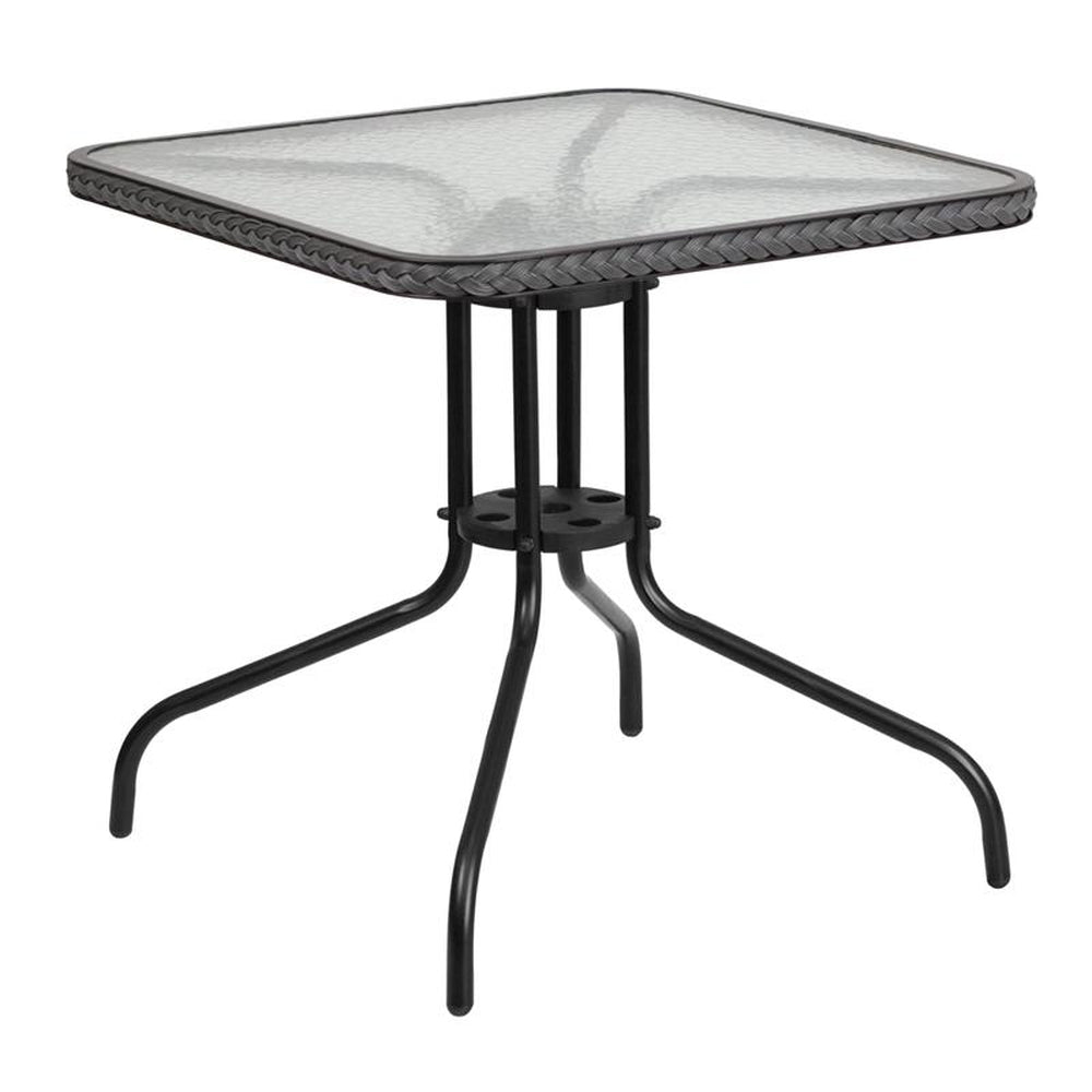 28 inch square tempered glass metal table with rattan edging