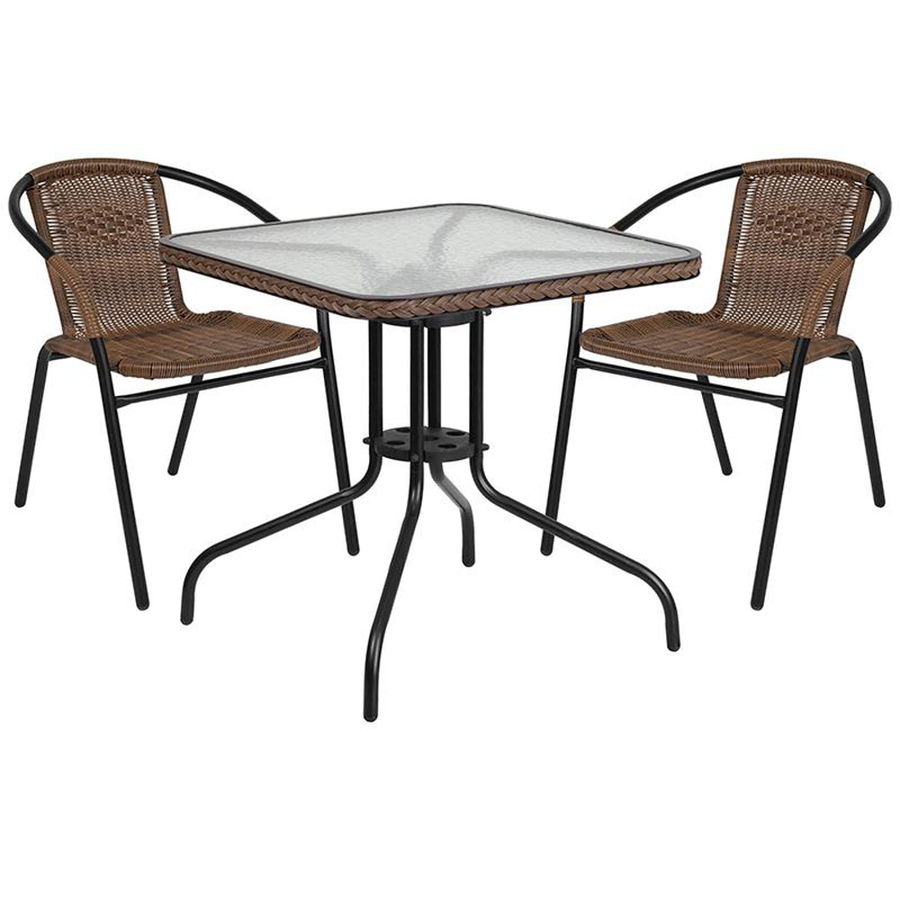 28 inch square glass metal table with rattan edging and 2 rattan stack chairs