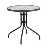 28 inch round tempered glass metal table with rattan edging