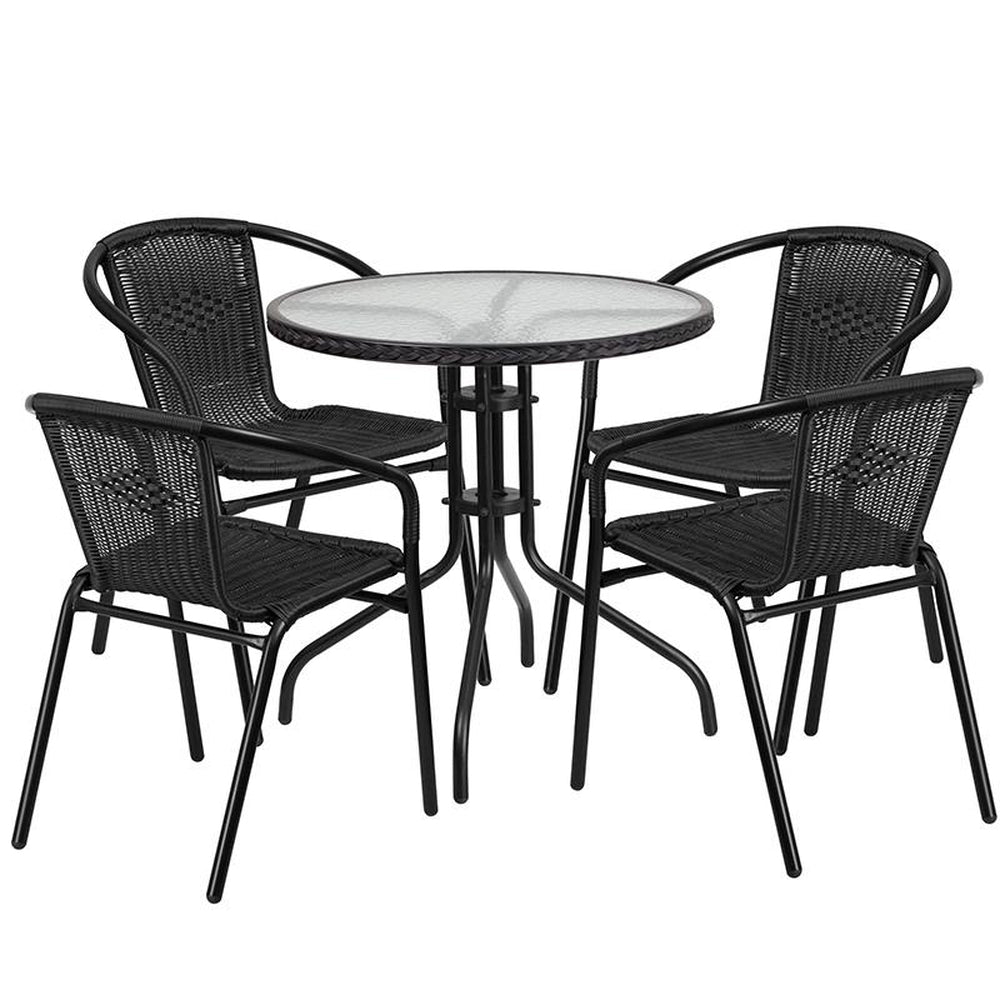 28 inch round glass metal table with gray rattan edging and 4 gray rattan stack chairs