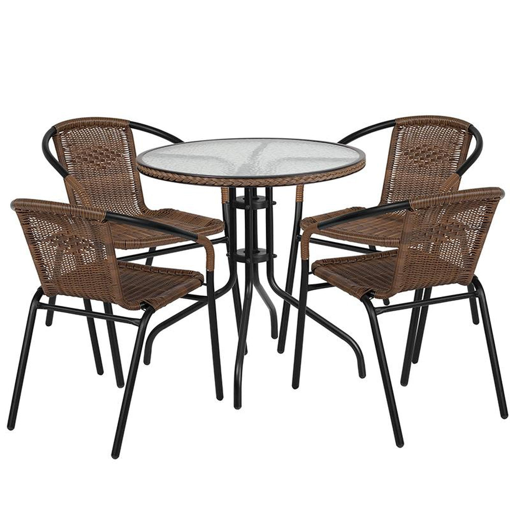 28 inch round glass metal table with gray rattan edging and 4 gray rattan stack chairs