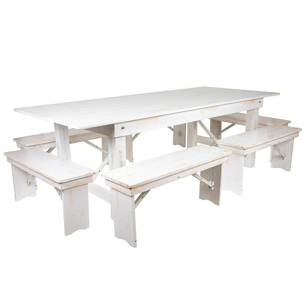 hercules series 8 ft x 40 inch antique rustic white folding farm table and six bench set