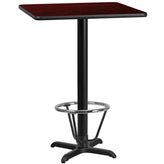 24 inch x 30 inch rectangular laminate table top with 22 inch x 22 inch bar height table base and ft ring